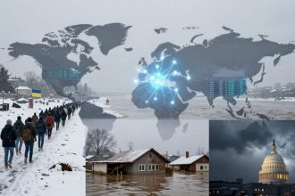 A composite image featuring a snowy scene with people walking, a world map with glowing network lines, a flooded residential area, and the Capitol building under stormy skies.