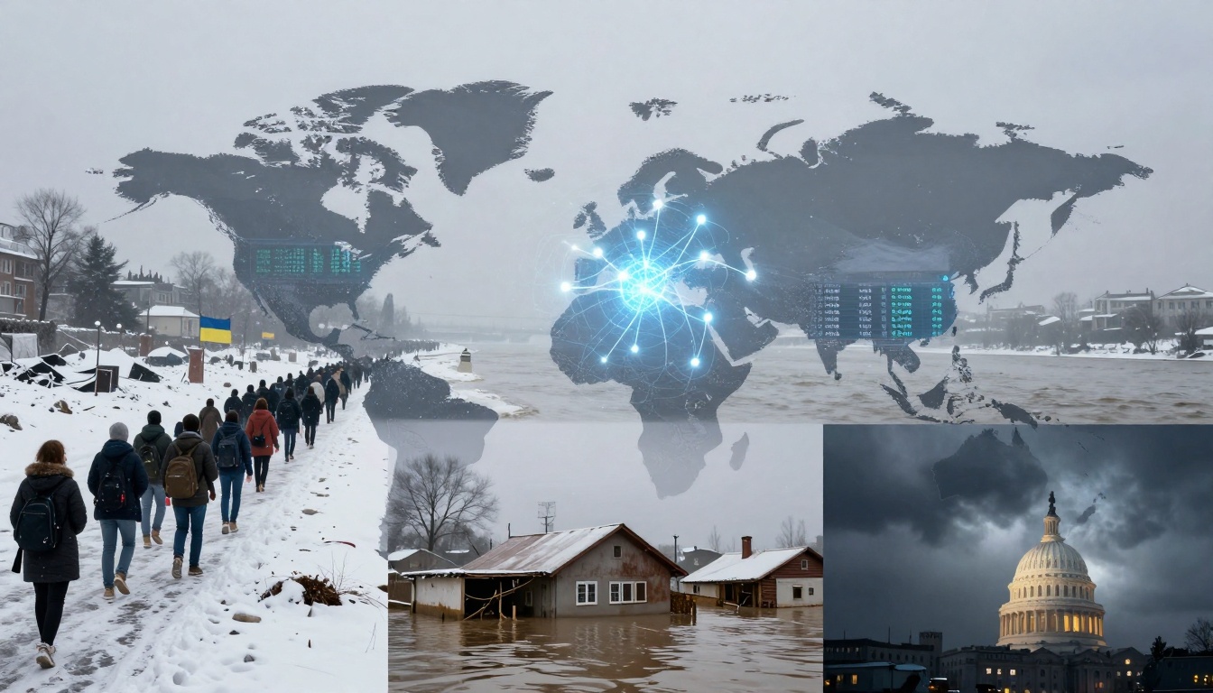 A composite image featuring a snowy scene with people walking, a world map with glowing network lines, a flooded residential area, and the Capitol building under stormy skies.