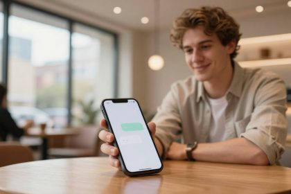 A person with wavy hair is sitting at a wooden table in a cafe, holding a smartphone displaying a chat app. Large windows and another person are in the background.