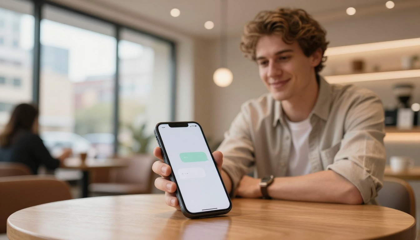 A person with wavy hair is sitting at a wooden table in a cafe, holding a smartphone displaying a chat app. Large windows and another person are in the background.