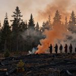Six people stand in a line holding staffs in a burnt forest. Smoke rises from the charred ground, and tall pine trees are silhouetted against an orange sky.