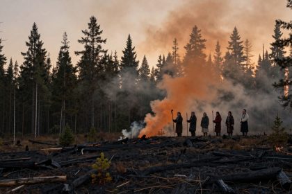 Six people stand in a line holding staffs in a burnt forest. Smoke rises from the charred ground, and tall pine trees are silhouetted against an orange sky.