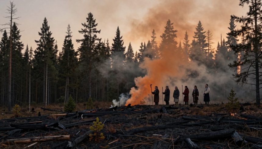 Six people stand in a line holding staffs in a burnt forest. Smoke rises from the charred ground, and tall pine trees are silhouetted against an orange sky.