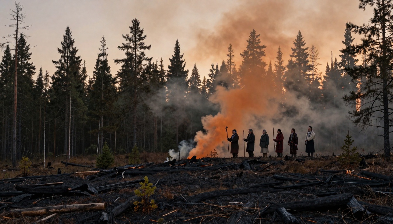 Six people stand in a line holding staffs in a burnt forest. Smoke rises from the charred ground, and tall pine trees are silhouetted against an orange sky.