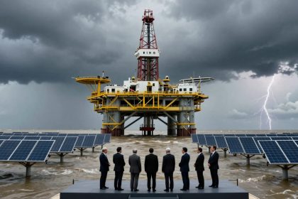 A group of seven people in suits stand on a platform facing an offshore oil rig. Solar panels float on the water. A lightning bolt strikes under dark, cloudy skies.