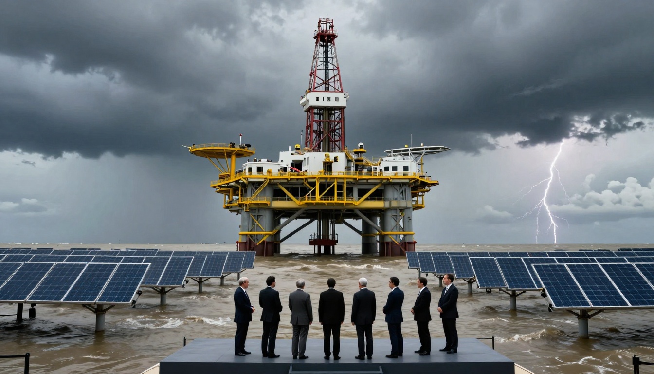 A group of seven people in suits stand on a platform facing an offshore oil rig. Solar panels float on the water. A lightning bolt strikes under dark, cloudy skies.