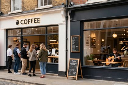 A group of people stands in line outside a coffee shop with a white facade and black trim. A red telephone booth is visible on the left. Inside, a person is playing guitar by the window, surrounded by modern decor and warm lighting. A chalkboard menu is displayed outside.