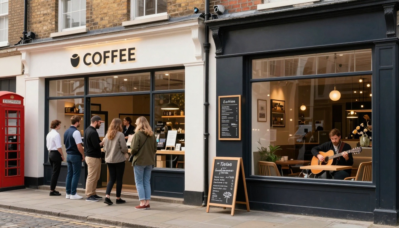 A group of people stands in line outside a coffee shop with a white facade and black trim. A red telephone booth is visible on the left. Inside, a person is playing guitar by the window, surrounded by modern decor and warm lighting. A chalkboard menu is displayed outside.
