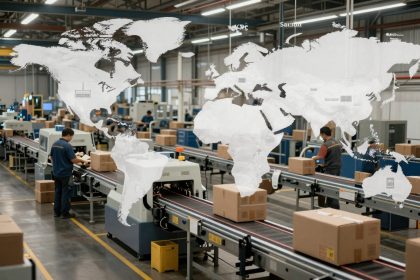 Factory floor with workers sorting boxes on conveyor belts. A transparent world map overlay highlights global logistics.