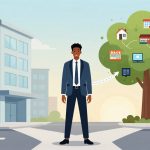 A man in a suit stands at an intersection with buildings in the background. A tree with icons like houses, a store, and a computer represents connectivity.