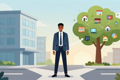 A man in a suit stands at an intersection with buildings in the background. A tree with icons like houses, a store, and a computer represents connectivity.