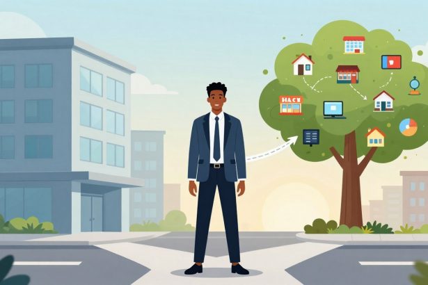 A man in a suit stands at an intersection with buildings in the background. A tree with icons like houses, a store, and a computer represents connectivity.