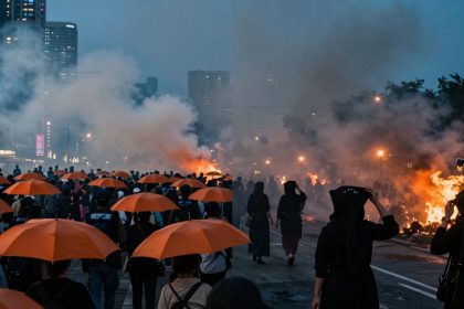 Crowd holding orange umbrellas walking down a city street with fires burning in the background, producing thick smoke. Tall buildings are visible under a dusky sky.