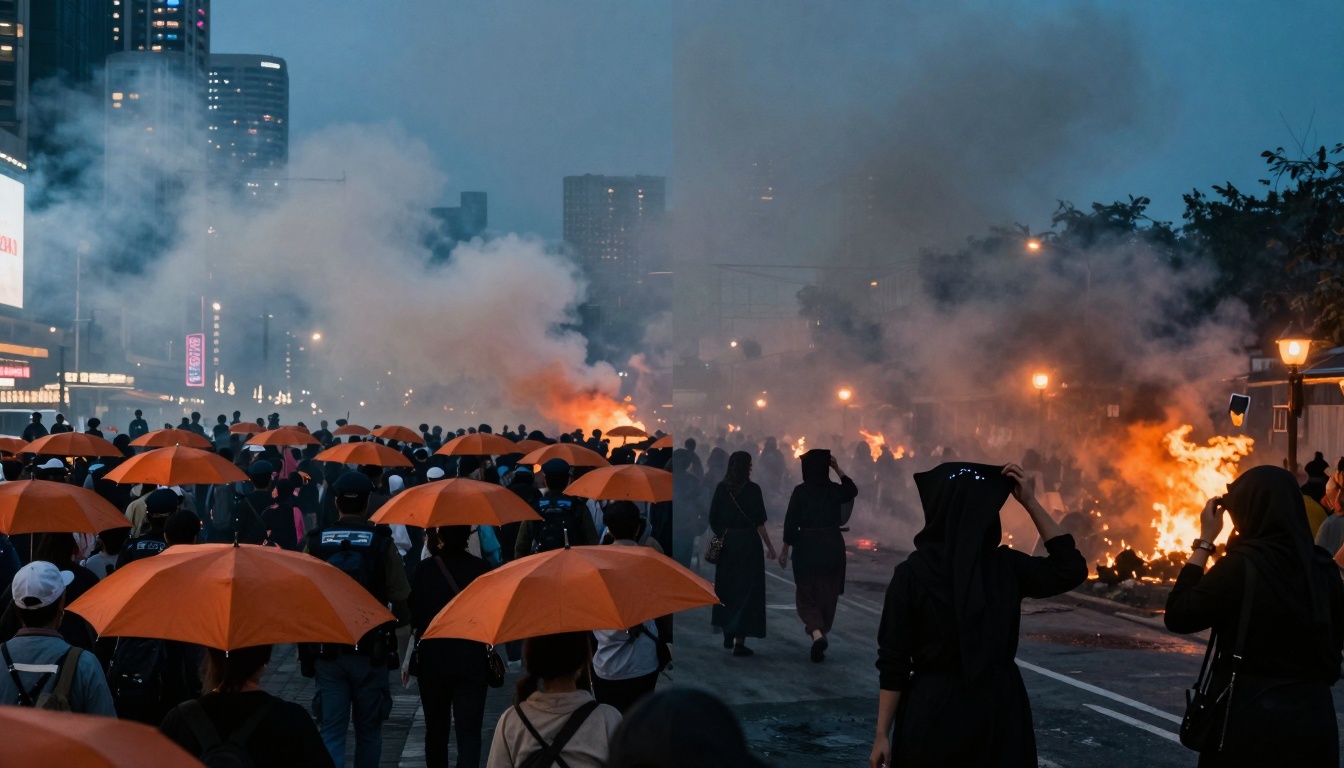 Crowd holding orange umbrellas walking down a city street with fires burning in the background, producing thick smoke. Tall buildings are visible under a dusky sky.