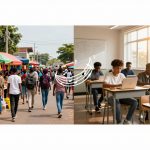 Split image: Left shows a bustling market with colorful stalls and people walking; right shows students in a classroom using laptops and phones. Musical notes are superimposed across the center.