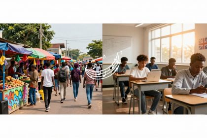 Split image: Left shows a bustling market with colorful stalls and people walking; right shows students in a classroom using laptops and phones. Musical notes are superimposed across the center.