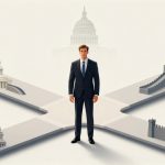 A man in a suit stands at a crossroads with prominent landmarks in each direction: U.S. Capitol, Great Wall of China, Kremlin, and another Capitol dome.