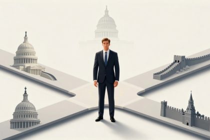 A man in a suit stands at a crossroads with prominent landmarks in each direction: U.S. Capitol, Great Wall of China, Kremlin, and another Capitol dome.