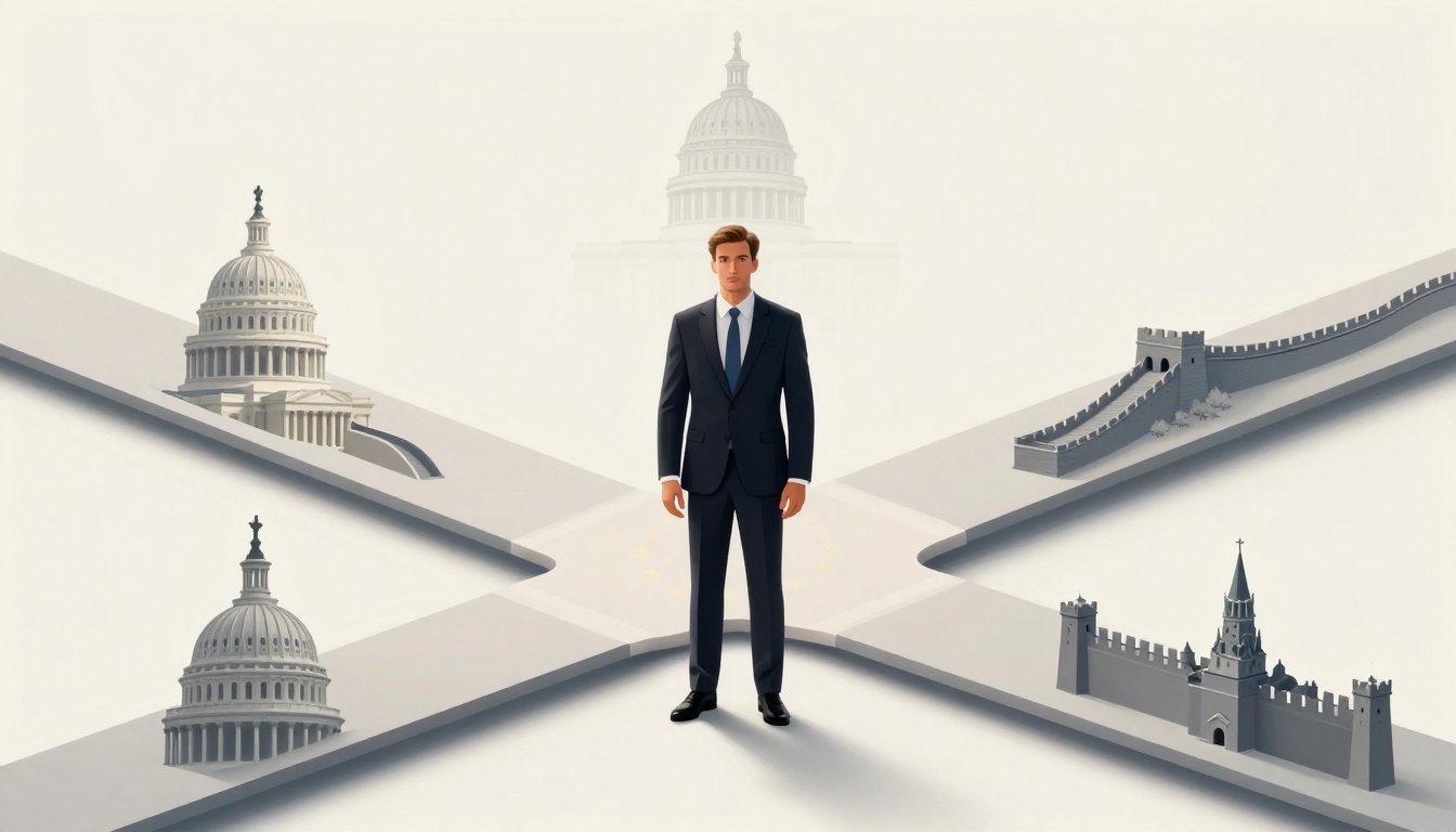 A man in a suit stands at a crossroads with prominent landmarks in each direction: U.S. Capitol, Great Wall of China, Kremlin, and another Capitol dome.