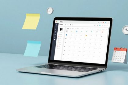 A laptop displaying a calendar app on the screen is set on a light blue surface. Floating nearby are yellow and blue sticky notes, two wall clocks, and a small red desk calendar.