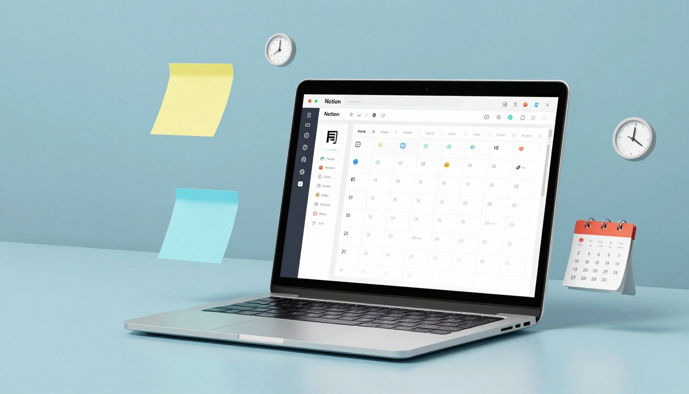 A laptop displaying a calendar app on the screen is set on a light blue surface. Floating nearby are yellow and blue sticky notes, two wall clocks, and a small red desk calendar.