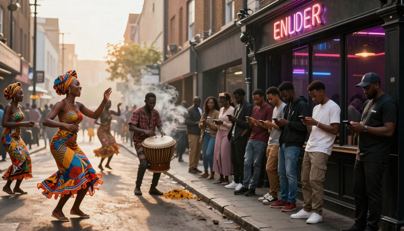 Street scene with dancers in colorful traditional attire performing near a drummer. A line of people looks at their phones outside a shop with a neon sign.