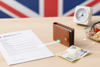 A desk with a UK flag backdrop holds a document, a brown wallet, foreign currency, a small clock, and a mini shopping basket with apples.