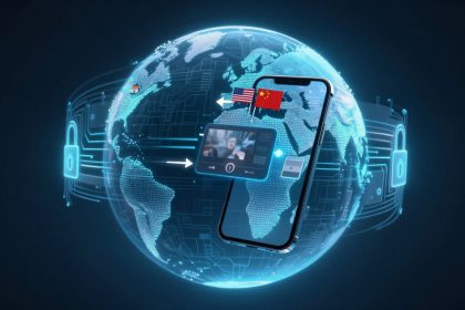 A digital globe with a smartphone overlay, displaying video content. U.S. and Chinese flags are above the screen. Blue padlock icons surround the globe, symbolizing cybersecurity.