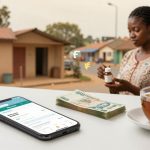 A woman stands outside, examining a bottle of pills. In the foreground, a smartphone displays a financial app, next to a stack of currency and a steaming cup of tea. Houses line the street in the background.