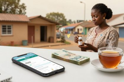 A woman stands outside, examining a bottle of pills. In the foreground, a smartphone displays a financial app, next to a stack of currency and a steaming cup of tea. Houses line the street in the background.