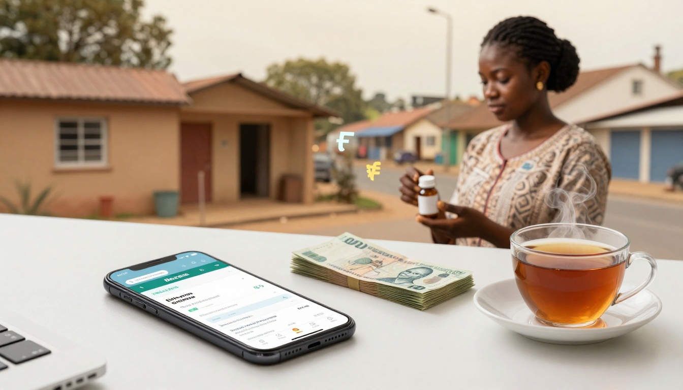 A woman stands outside, examining a bottle of pills. In the foreground, a smartphone displays a financial app, next to a stack of currency and a steaming cup of tea. Houses line the street in the background.