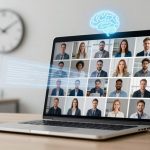 A laptop on a wooden table displays a video conference with multiple participants in a grid. A white cup and saucer sit beside it. A large wall clock is blurred in the background. A glowing brain icon and digital text overlay the screen.