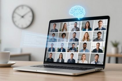 A laptop on a wooden table displays a video conference with multiple participants in a grid. A white cup and saucer sit beside it. A large wall clock is blurred in the background. A glowing brain icon and digital text overlay the screen.