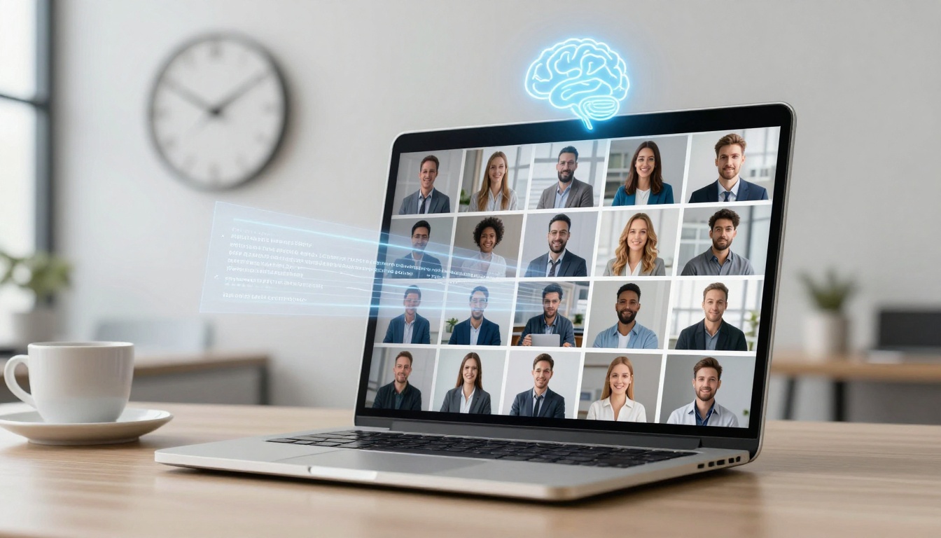 A laptop on a wooden table displays a video conference with multiple participants in a grid. A white cup and saucer sit beside it. A large wall clock is blurred in the background. A glowing brain icon and digital text overlay the screen.