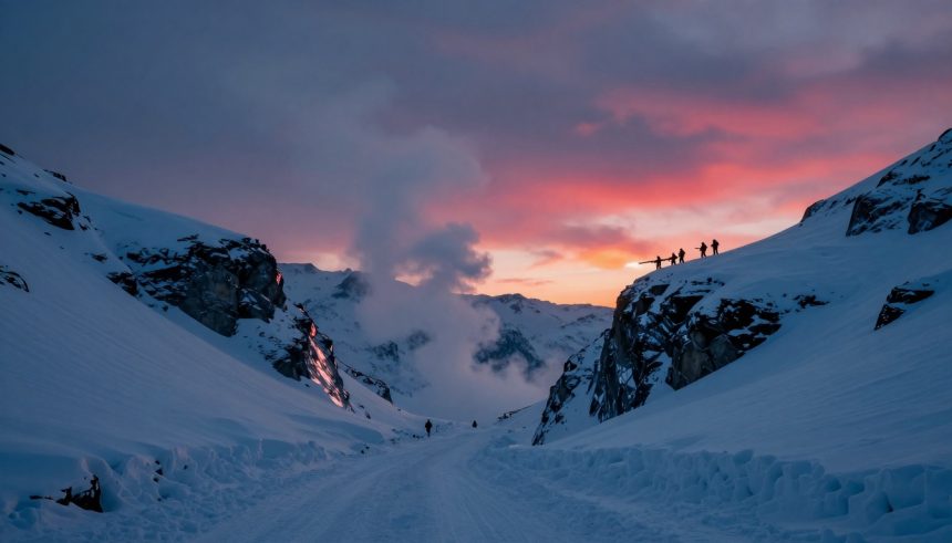 Snow-covered mountain pass at sunset, with silhouettes of people carrying skis on a ridge. Sky is pink and orange, with clouds.