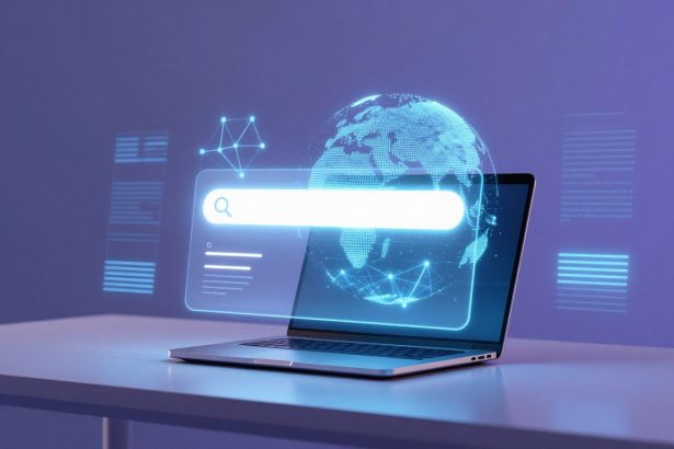 A laptop on a table projects a digital globe and search bar hologram. The background is purple, with glowing data elements.