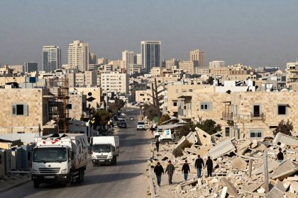 A cityscape with mid-rise buildings in the background. In the foreground, trucks drive down a street lined with beige stone buildings. Rubble is visible on the right, with people walking among the debris.