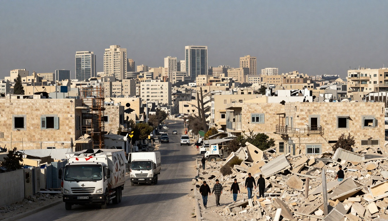 A cityscape with mid-rise buildings in the background. In the foreground, trucks drive down a street lined with beige stone buildings. Rubble is visible on the right, with people walking among the debris.