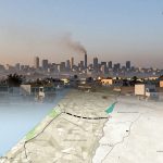 A collage showing a city skyline with smoke rising from a building and a semi-transparent map overlay. In the foreground, trucks are parked on a dirt road, surrounded by barbed wire and small buildings. The sky is clear with a few clouds.