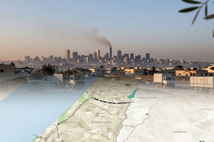 A collage showing a city skyline with smoke rising from a building and a semi-transparent map overlay. In the foreground, trucks are parked on a dirt road, surrounded by barbed wire and small buildings. The sky is clear with a few clouds.