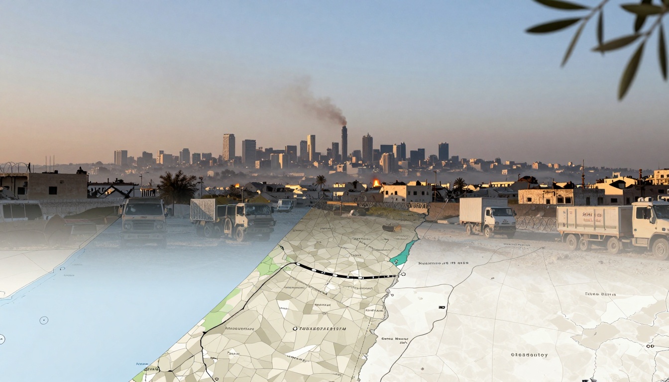 A collage showing a city skyline with smoke rising from a building and a semi-transparent map overlay. In the foreground, trucks are parked on a dirt road, surrounded by barbed wire and small buildings. The sky is clear with a few clouds.