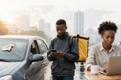 A man with a yellow delivery backpack looks at his phone beside a parked car. Another person cleans the car window with a cloth. A woman sits at an outdoor table using a laptop, with a mug nearby. Cityscape with skyscrapers in the background.
