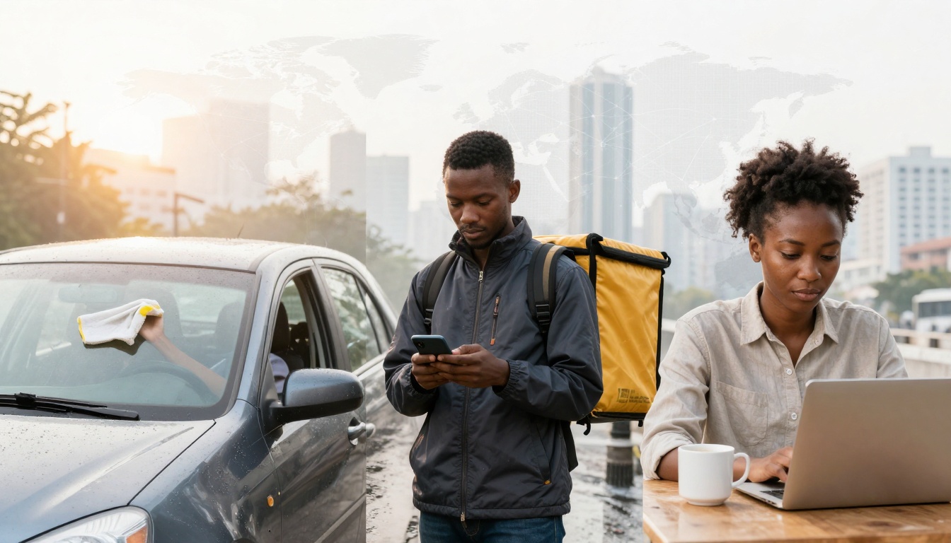 A man with a yellow delivery backpack looks at his phone beside a parked car. Another person cleans the car window with a cloth. A woman sits at an outdoor table using a laptop, with a mug nearby. Cityscape with skyscrapers in the background.