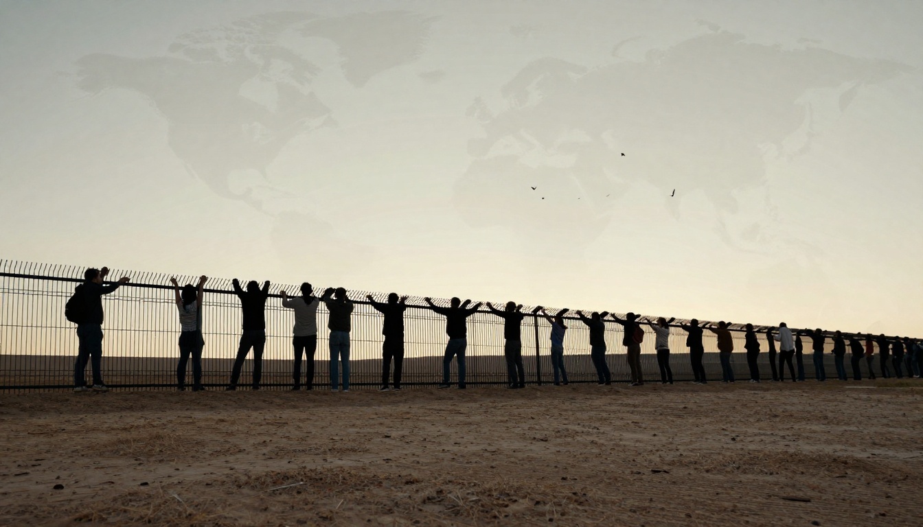 A group of people stand side by side, with hands raised, holding onto a tall fence. The sky is a pale gradient, and a faint world map overlays the background. Birds are visible in the sky.