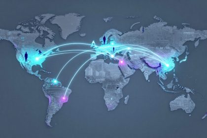 Digital world map with glowing blue and pink nodes connected by light trails, depicting global communication. Silhouettes of people stand on various continents.