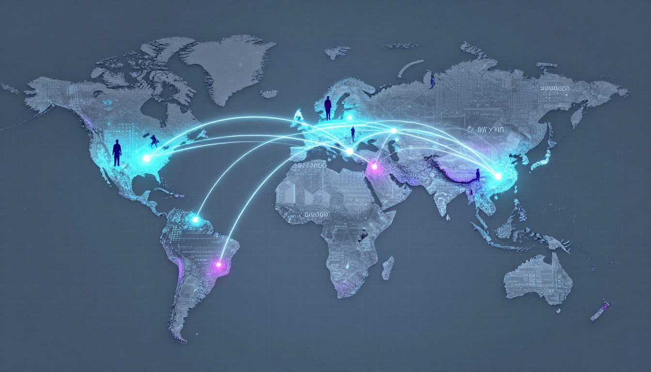 Digital world map with glowing blue and pink nodes connected by light trails, depicting global communication. Silhouettes of people stand on various continents.