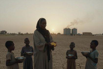 A woman in a headscarf holds a handful of grain, surrounded by four children with metal bowls. They stand on cracked, dry ground with silos and a setting sun in the background.