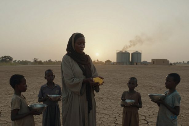A woman in a headscarf holds a handful of grain, surrounded by four children with metal bowls. They stand on cracked, dry ground with silos and a setting sun in the background.