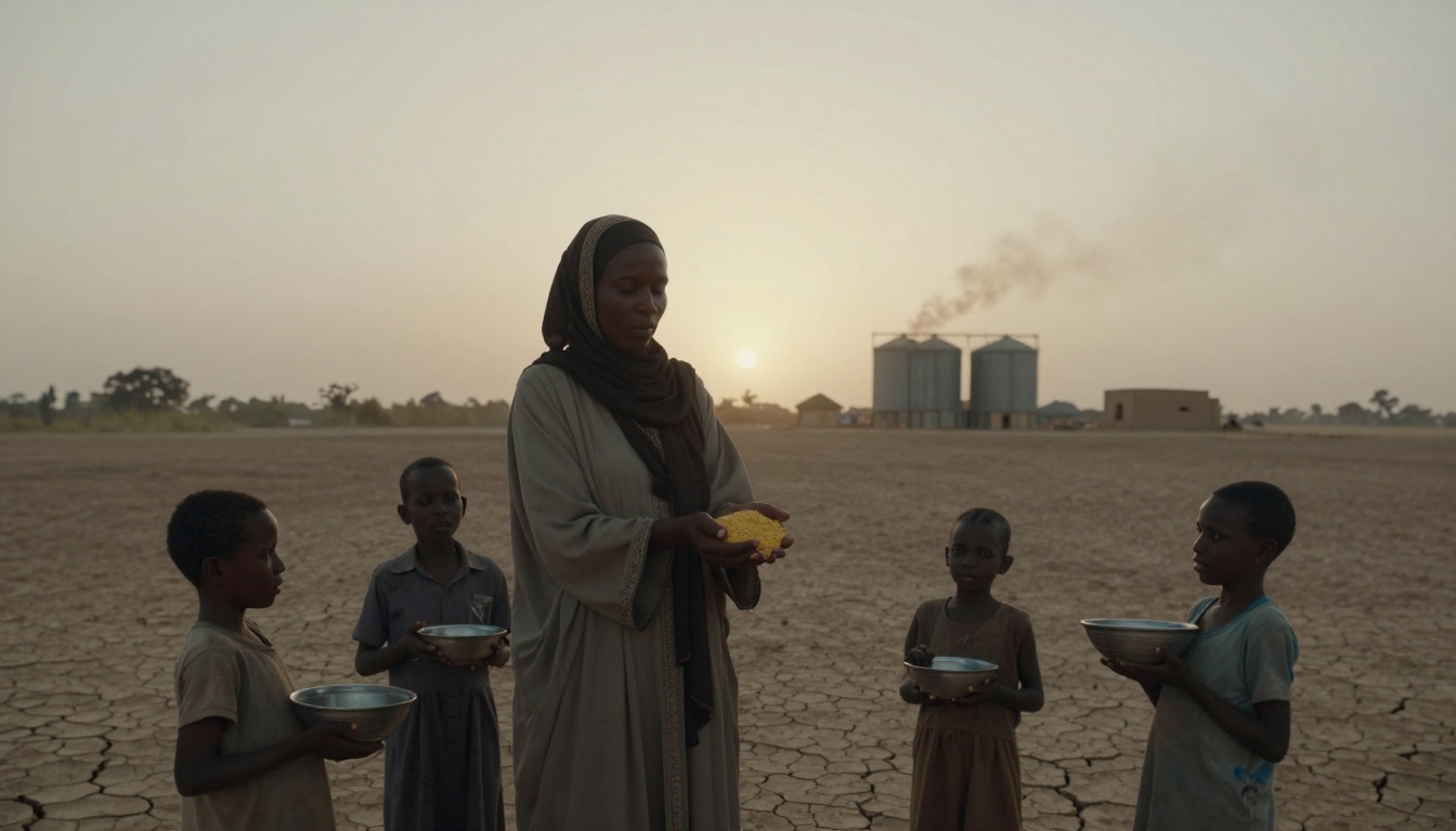 A woman in a headscarf holds a handful of grain, surrounded by four children with metal bowls. They stand on cracked, dry ground with silos and a setting sun in the background.