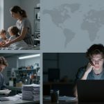 Top left: A woman and two children sitting on a bed near a window, engaged in conversation. Bottom left: A man in a dark jacket holding a bowl, standing by a stack of papers in a well-lit room. Right: A man focused on a laptop in a dimly lit room, with a world map in the background.